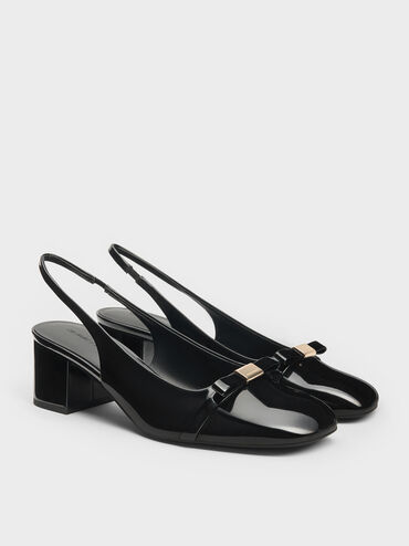 Sepatu Slingback Pumps Block-Heel Patent Bow Dorian, Black Patent, hi-res