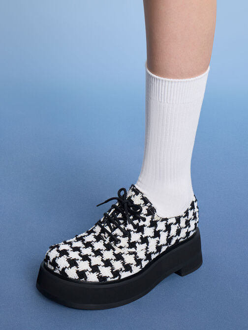 Sepatu Oxford Tweed Houndstooth Platform Lace-Up, White, hi-res