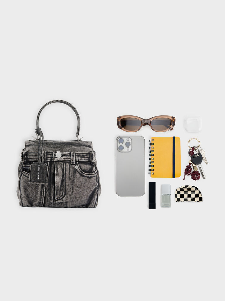 Tas Top Handle Jeans Arita Denim, Denim Noir, hi-res