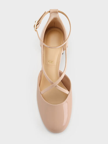 Sepatu Pumps Crossover Leather Patent, Nude, hi-res