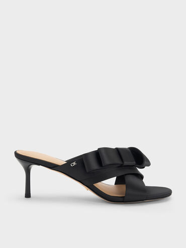 Sepatu Mules Heeled Pleated-Bow, Black Textured, hi-res