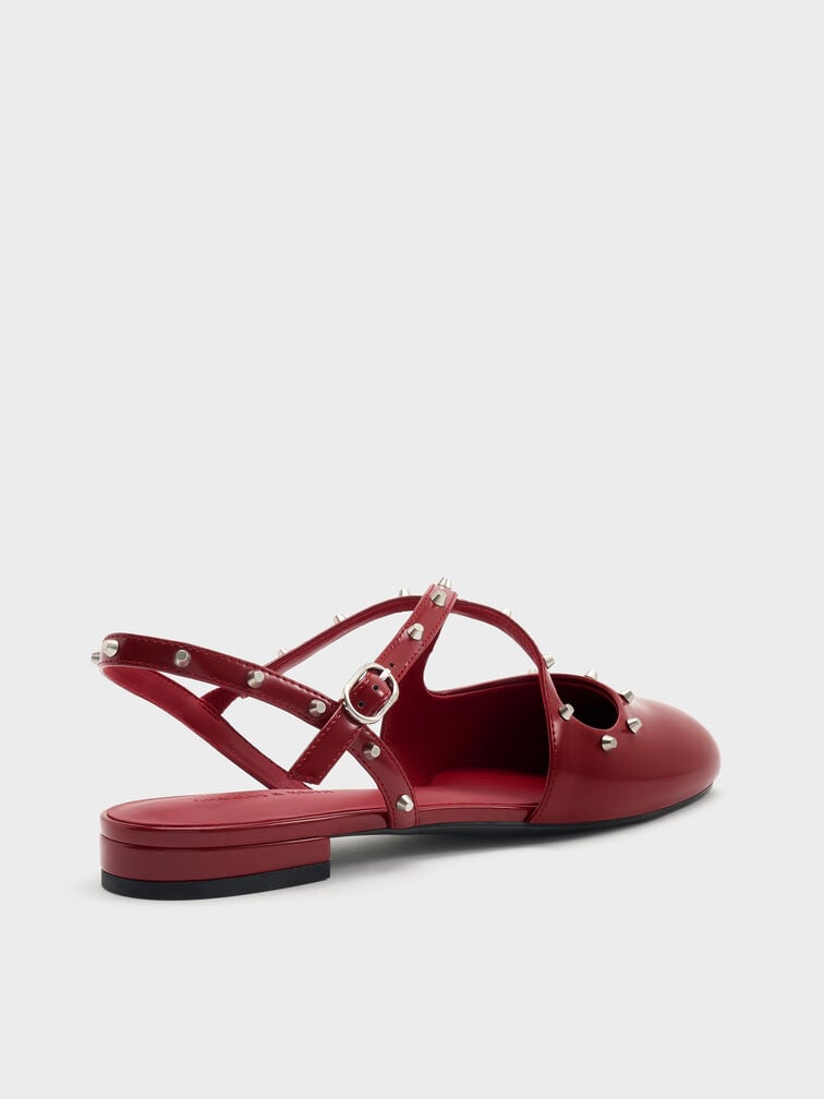 Sepatu Flats Slingback Crossover Studded, Red, hi-res