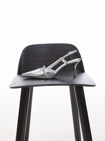 Sepatu Pumps Slingback Crystal Metalik, Silver, hi-res