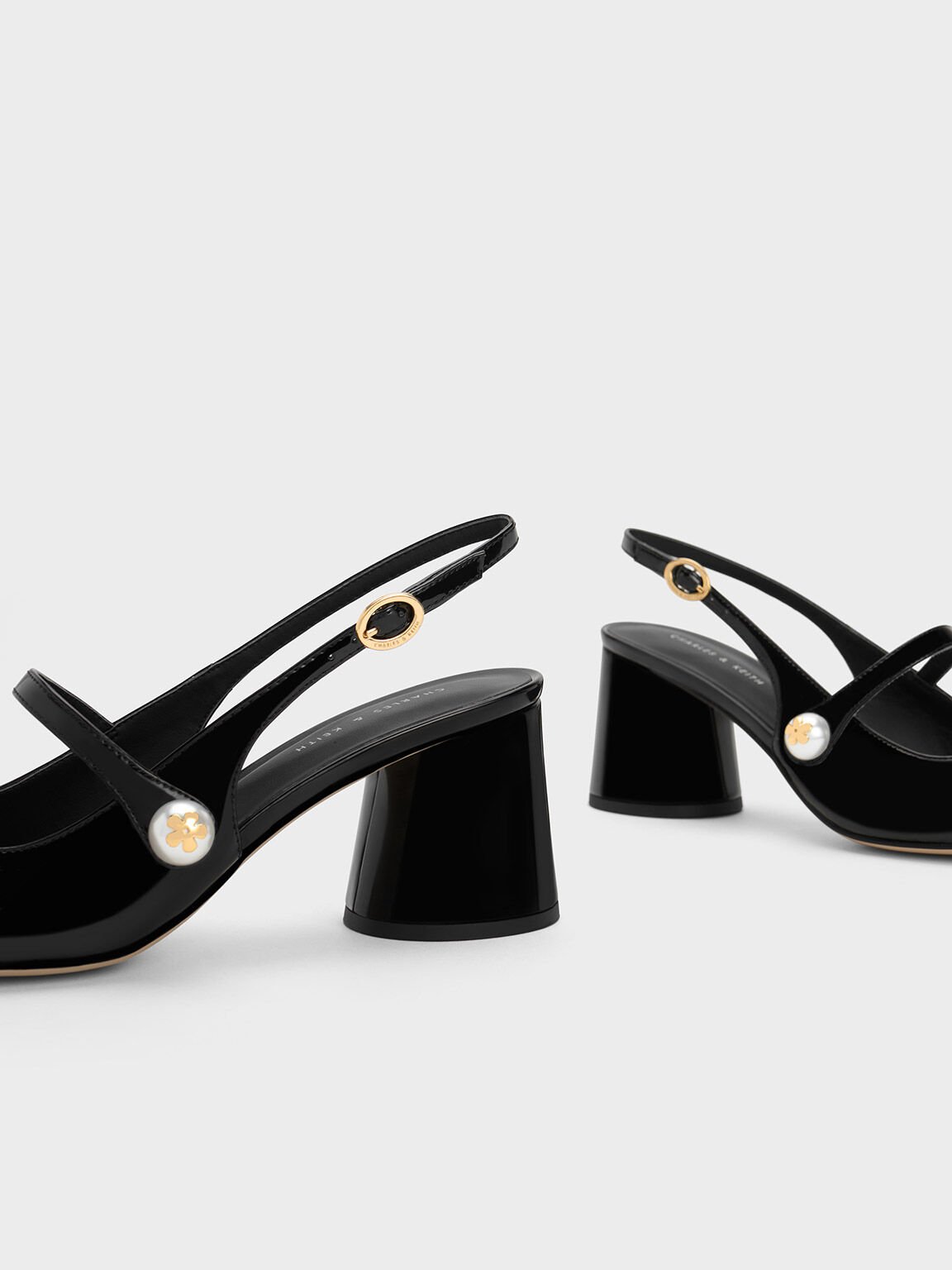Sepatu Slingback Pumps Pearl Embellished Patent, Black Patent, hi-res