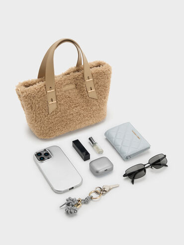 Tote Bag Double-Handle Shearling Shania Mini Faux, Nutmeg Beige, hi-res