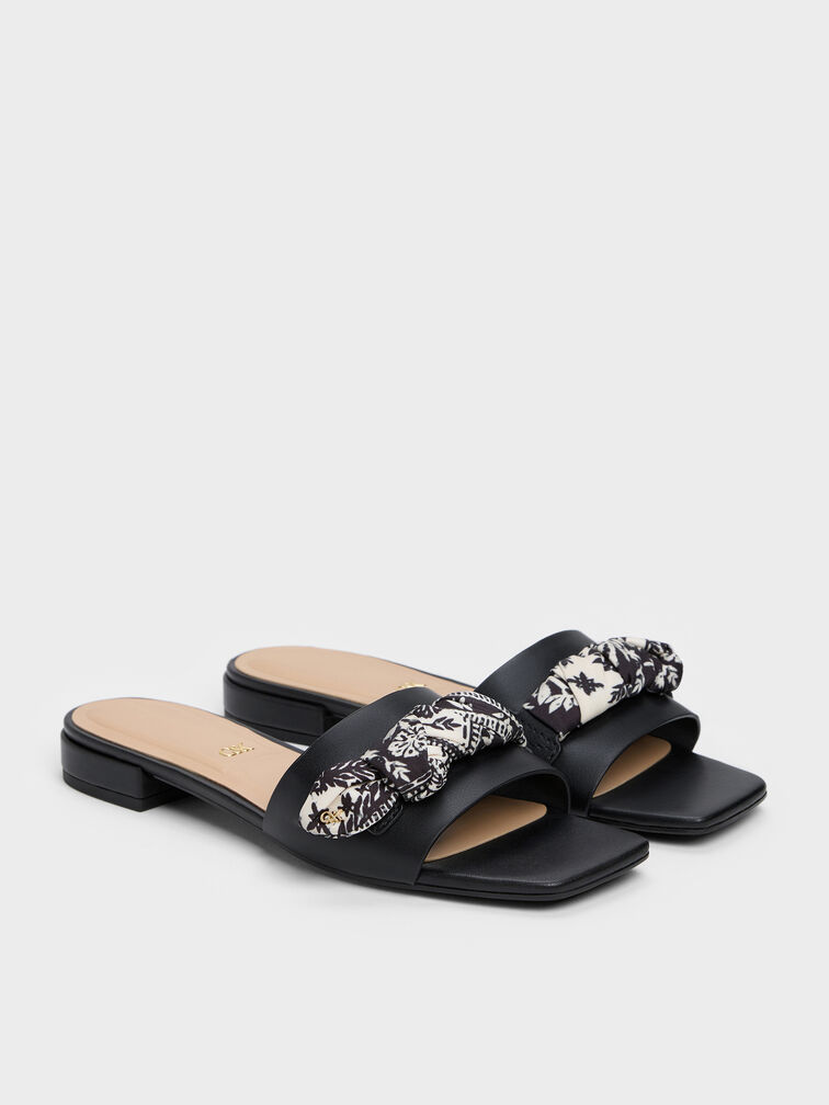 Sandal Slide Printed-Strap Leather Tayari, Black, hi-res