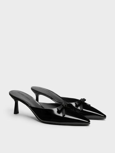 Rose-Bow Pointed Heeled Mules, Black Box, hi-res