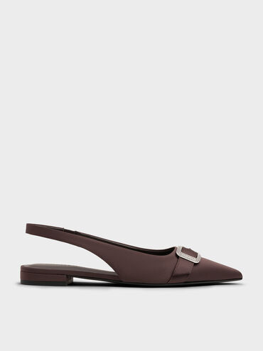 Satin Crystal-Buckle Pointed-Toe Slingback Flats, Dark Brown Textured, hi-res