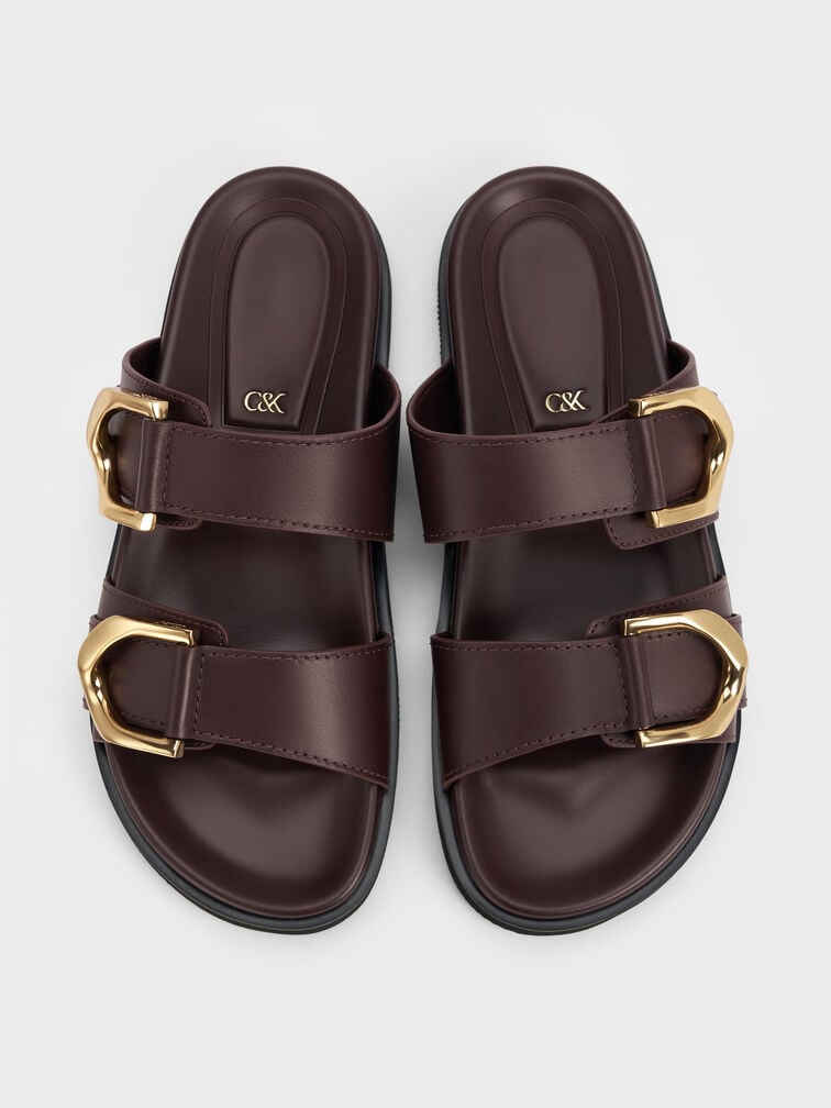 Gabine Gold-Buckle Leather Slides, Plum, hi-res