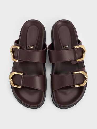 Gabine Gold-Buckle Leather Slides, Plum, hi-res