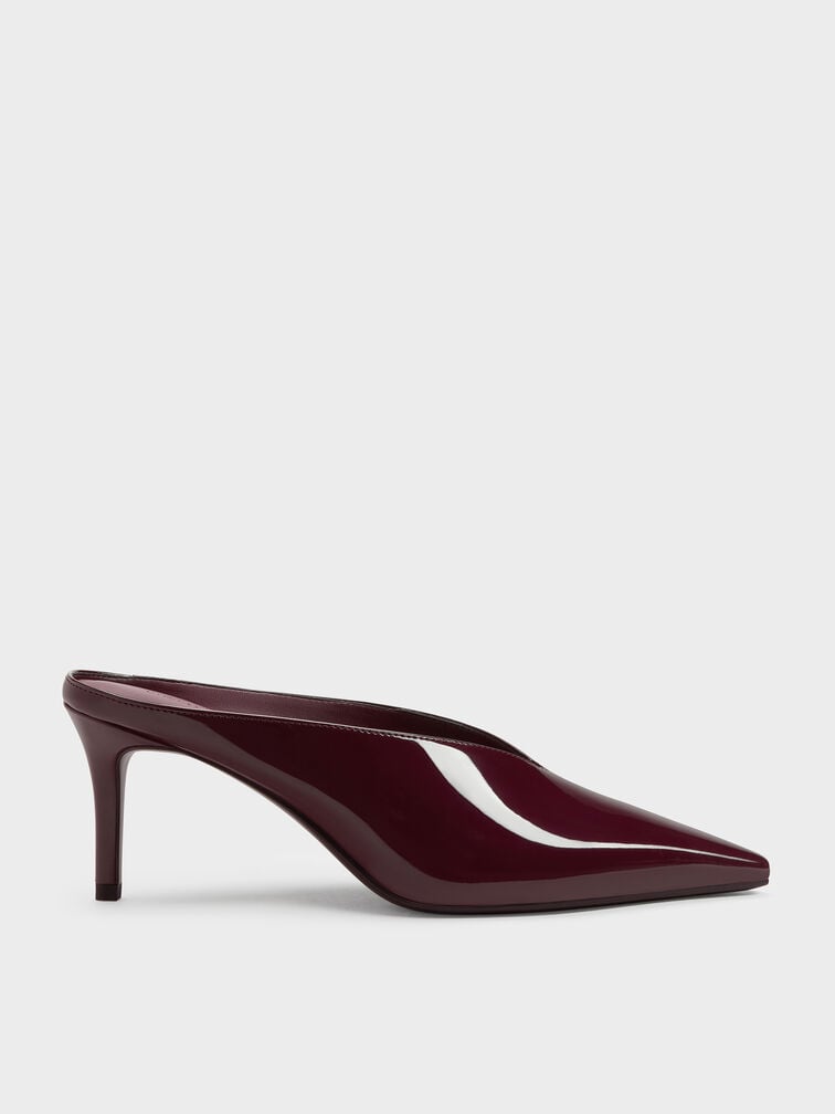Patent Pointed Heeled Mules, Burgundy, hi-res