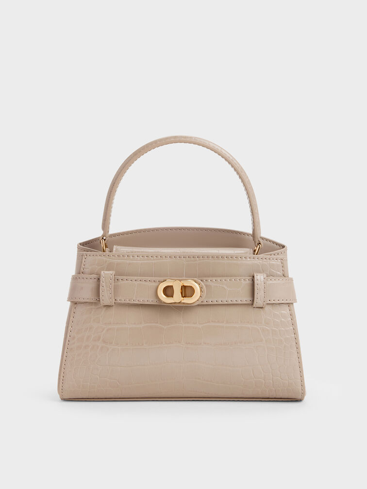Tas Top Handle Belted Croc-Effect Aubrielle, Taupe, hi-res