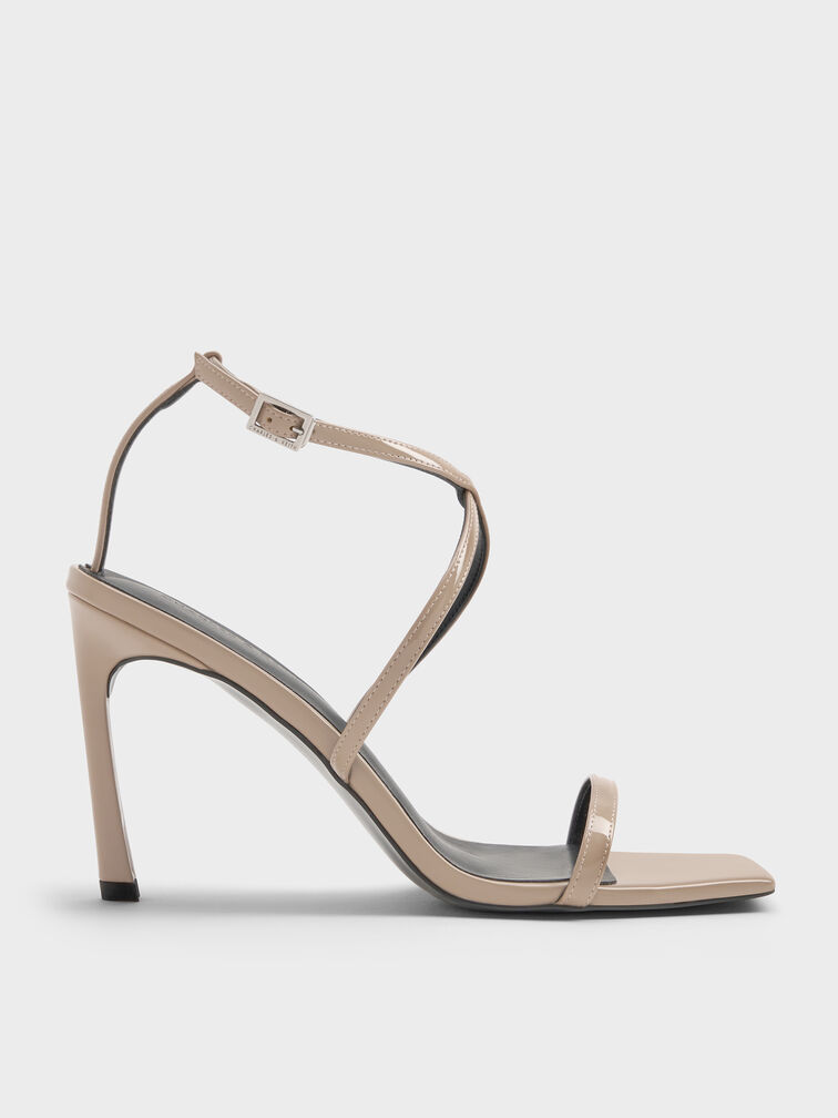 Patent Strappy Heeled Sandals, Taupe, hi-res