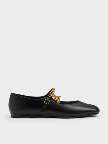 Double-Chain Charm Mary Jane Flats, Black, hi-res