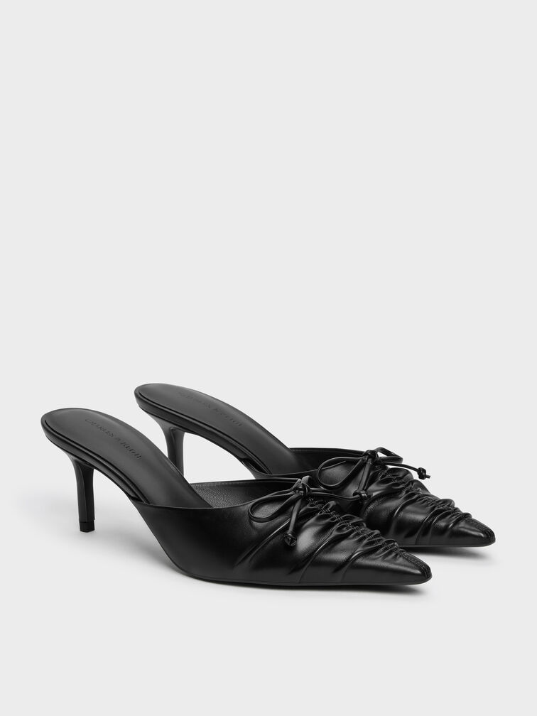 Ruched Bow Pointed Heeled Mules, Black, hi-res