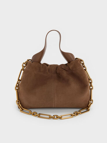 Ally Recycled Suede Ruched Slouchy Chain-Handle Bag, Mocha Brown, hi-res