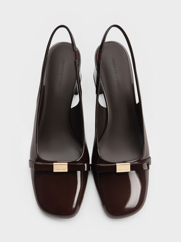 Sepatu Slingback Pumps Block-Heel Patent Bow Dorian, Dark Brown, hi-res
