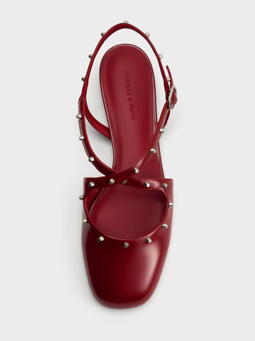 Sepatu Flats Slingback Crossover Studded, Red, hi-res