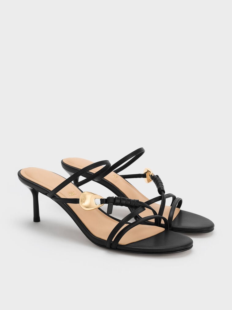 Sepatu Mules Heeled Strappy Leather Adema, Black, hi-res