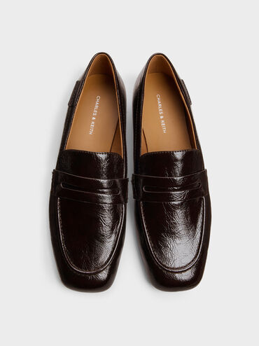 Crinkle-Effect Penny Loafers, Dark Brown, hi-res