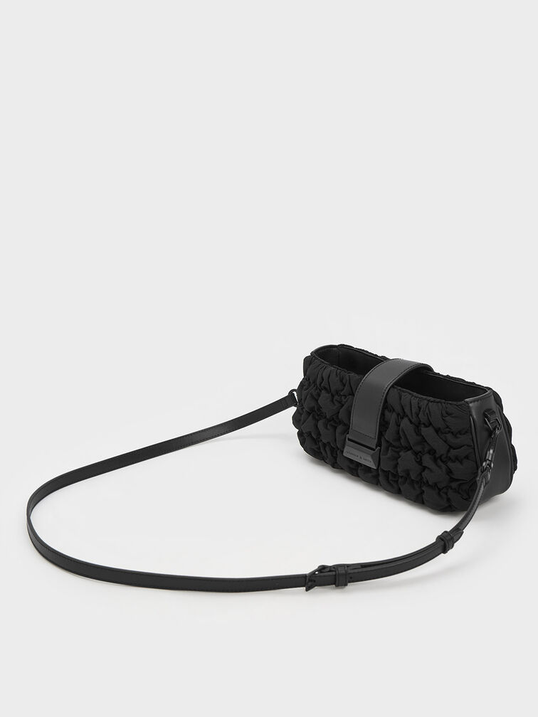 Ruched Nylon Chain Handle Bag, Black, hi-res