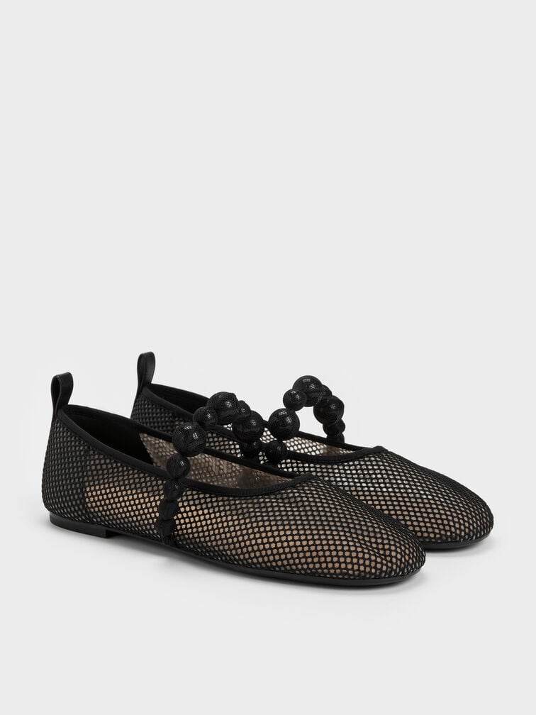 Sepatu Flats Mary Jane Beaded Mesh Leather, Black Textured, hi-res