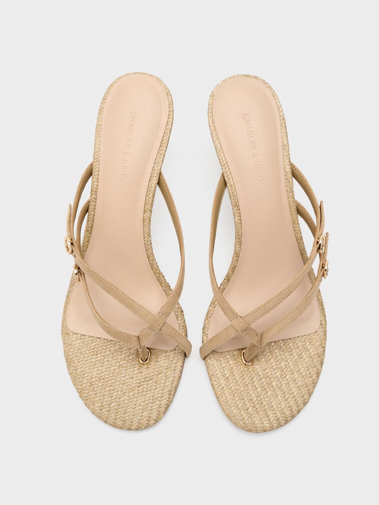 Sandal Heel Strappy Toe-Ring Crossover Faux Suede, Sand, hi-res