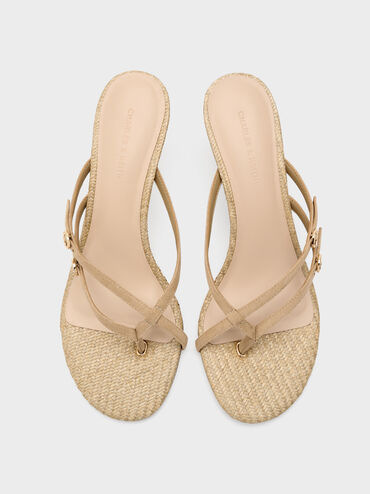 Sandal Heel Strappy Toe-Ring Crossover Faux Suede, Sand, hi-res