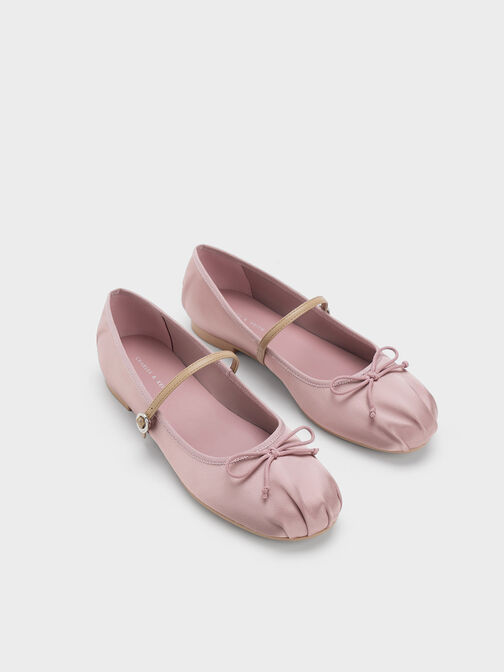 Sepatu Flats Mary Jane Satin Bow, Pink, hi-res
