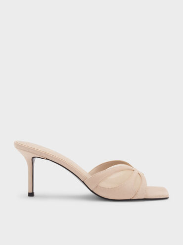 Sepatu Mules Heeled Mesh & Faux Suede, Beige, hi-res