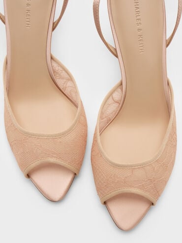 Lace & Satin Peep-Toe Heels, Nude, hi-res