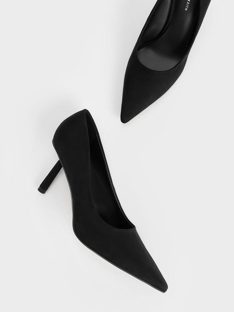 Textured Pointed-Toe Cylindrical Heel Pumps, Black Textured, hi-res