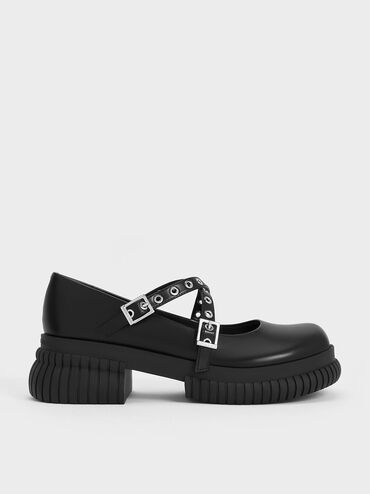 Sepatu Mary Janes Platform Grommet-Strap, Black, hi-res