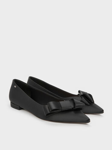 Sepatu Flats Ballet Pointed Pleated-Bow, Black Textured, hi-res