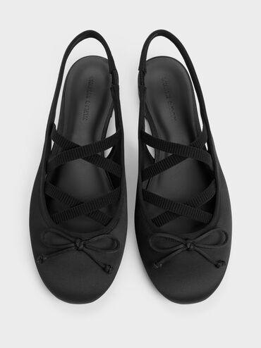 Sepatu Flats Ballet Slingback Crossover Satin, Black Textured, hi-res