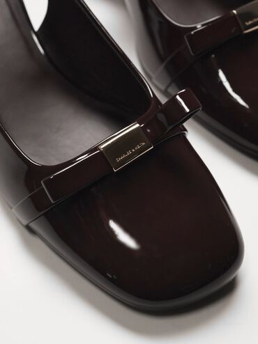 Sepatu Slingback Pumps Block-Heel Patent Bow Dorian, Dark Brown, hi-res