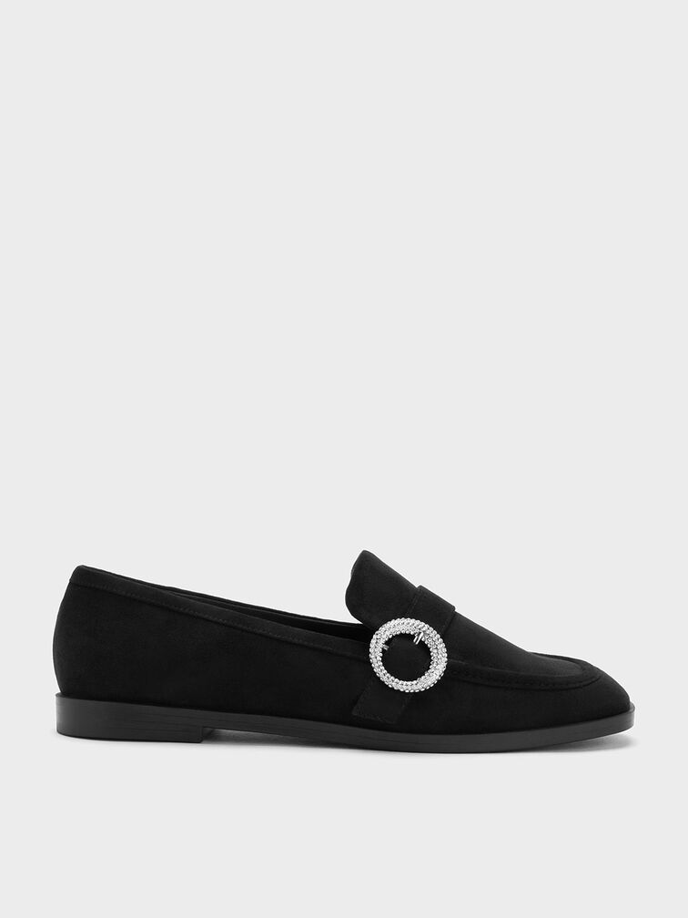 Sepatu Loafers Textured Crystal-Embellished Buckle, Black Textured, hi-res