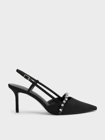 Faux Suede Crystal Slingback Pumps, Black Textured, hi-res