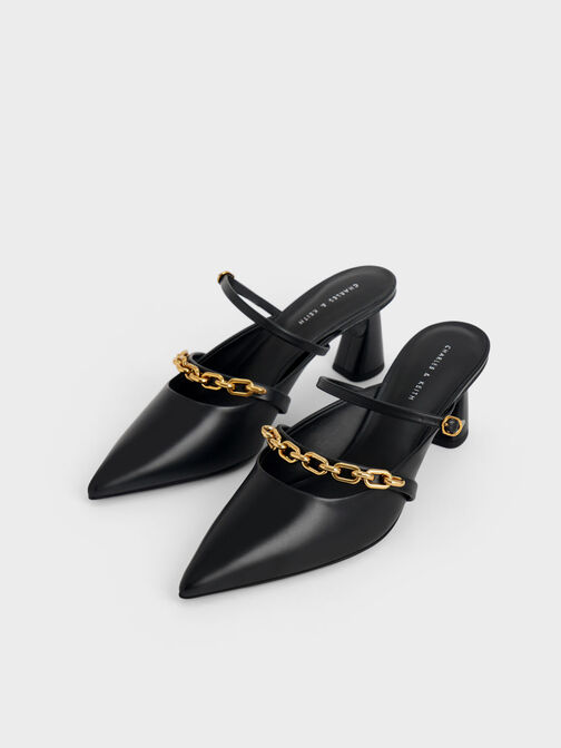 Sepatu Mules Chain-Link Trapeze Heel, Black, hi-res