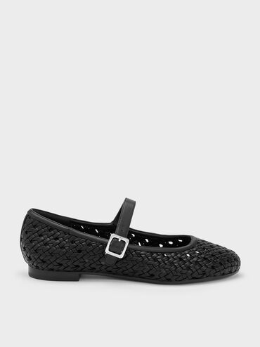 Sepatu Flats Mary Jane Woven, Black, hi-res