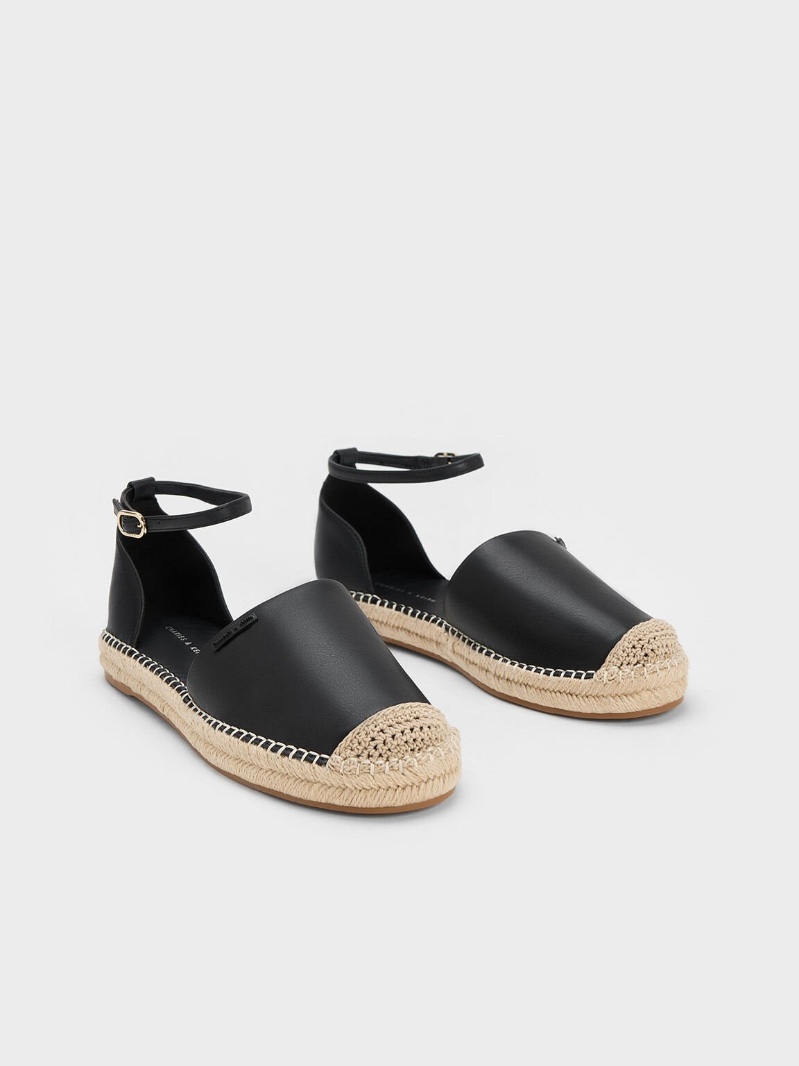 Sandal Flats Linen Ankle-Strap Espadrille, Black, hi-res
