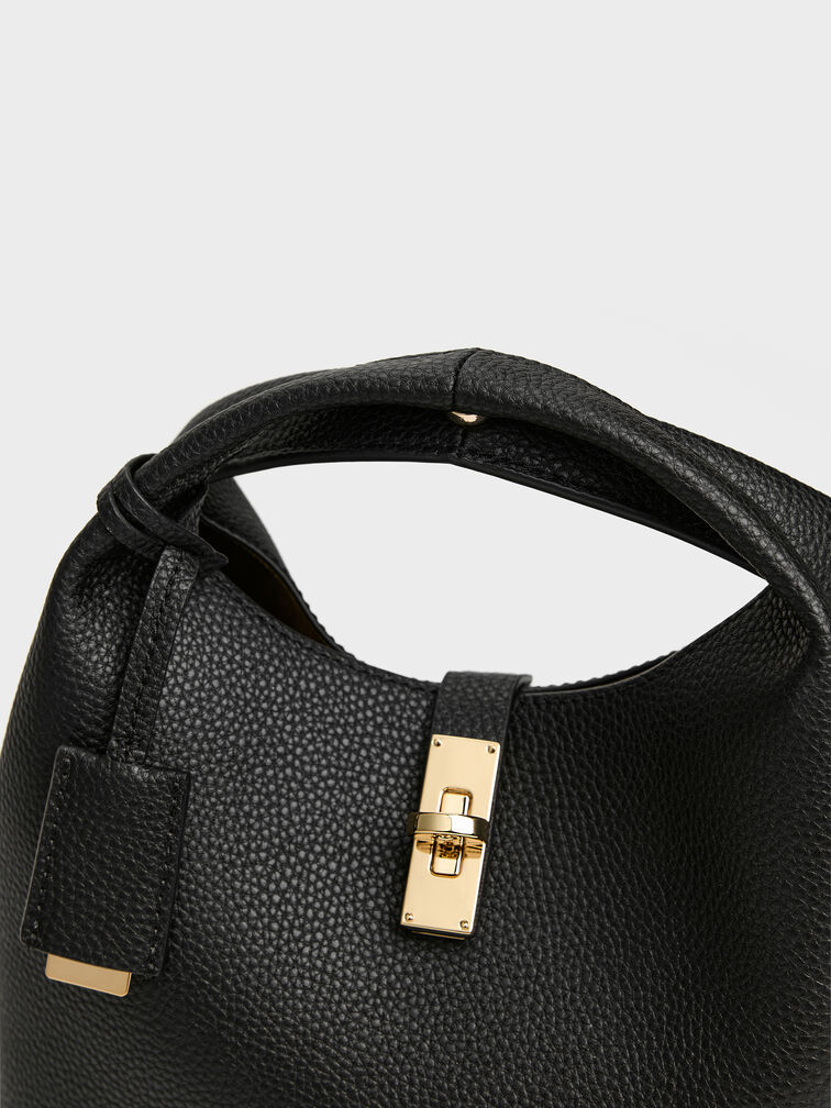 Chance Recycled Leather Turn-Lock Bucket Bag, Black, hi-res