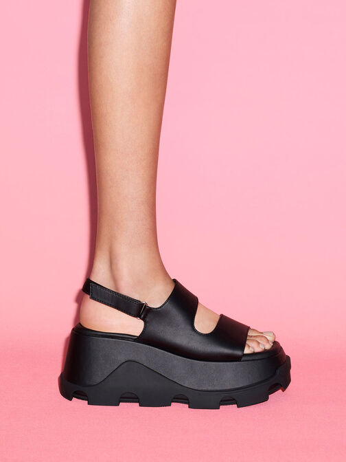 Asymmetric Platform Sandals, Black, hi-res