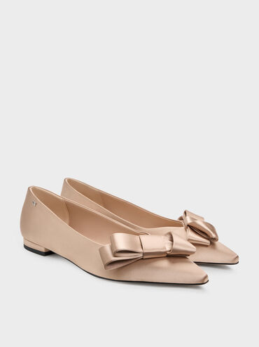 Sepatu Flats Ballet Pointed Pleated-Bow, Nude, hi-res