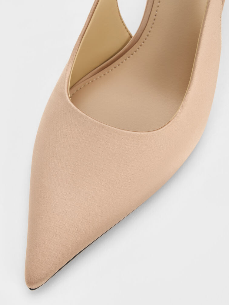 Sepatu Pumps Slingback Stiletto-Heel Teardrop-Crystal Satin, Gold, hi-res