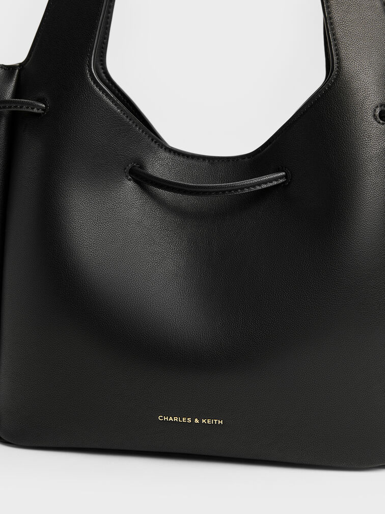 Tas Tote Drawstring Metallic-Knot Mila, Black, hi-res