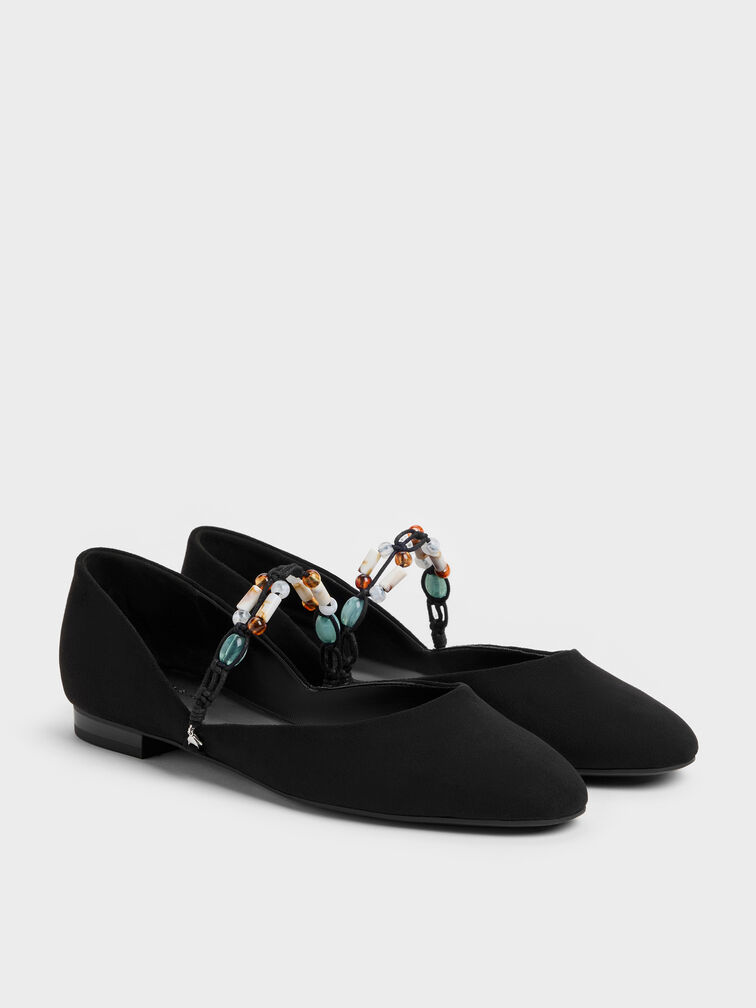 Franca Faux Suede Beaded-Strap Mary Janes, Black Textured, hi-res