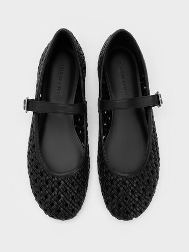 Sepatu Flats Mary Jane Woven, Black, hi-res