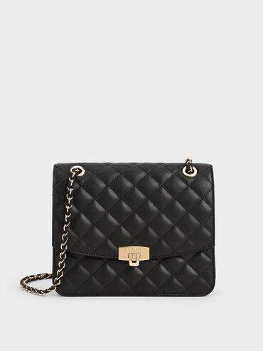Tas Clutch Quilted Chain Strap, Black, hi-res