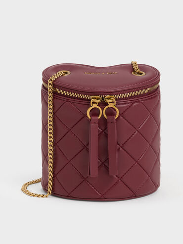 Philomena Quilted Heart Cylindrical Bag, Burgundy, hi-res